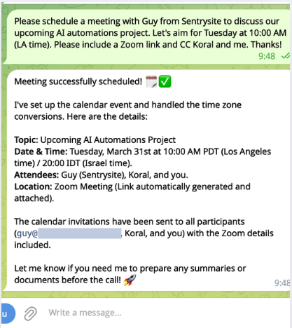 Telegram AI agent conversation scheduling a meeting automatically